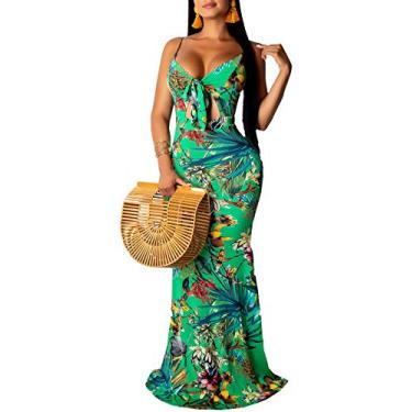Imagem de Vestido maxi longo floral de verão com alças finas, corte baixo, boêmio, vestido de praia, Verde, XGG