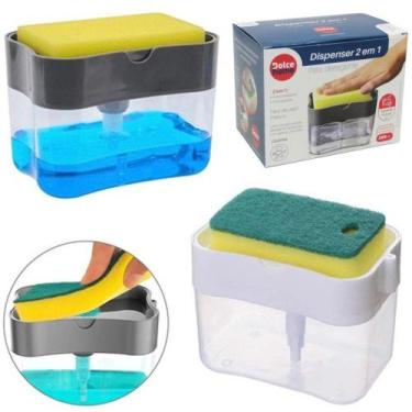 Imagem de Dispenser / porta detergente de plastico 385ml + esponja 14x10,5x9,5cm