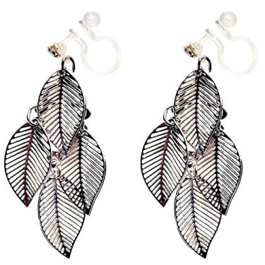 Imagem de Miyabi Grace Brincos invisíveis com clipe pendurados em forma de gota dourada, filigrana, folha prateada, prendedor de renda, brincos modernos não perfurados para mulheres, Resina