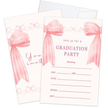 Imagem de Convites de formatura de laço rosa 2025 Convites de festa de formatura com envelopes, cartão de convite de anúncios de formatura para ensino médio, universidade, mestrado, celebração de mestrado,