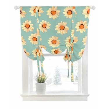 Imagem de Cortinas de amarrar para janelas, retrô, aquarela, crisântemo, bolso para varão, amarrar, persiana, balão, ajustável, para quarto, cozinha, banheiro, persianas, 86 x 114 cm