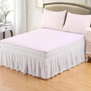 Imagem de Analwu100 Saia de cama elástica com babados, base de cama enrolada ao redor do lençol de cama com saia de cama branco bolas brancas: 137 x 75 + 38 cm