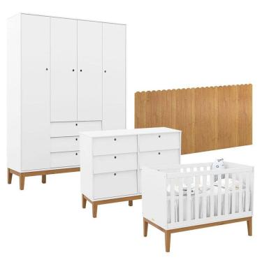 Imagem de Quarto de Bebê Unique 4 Portas com Cômoda 6 Gavetas e Painel Farm Branco Soft Eco Wood - Matic