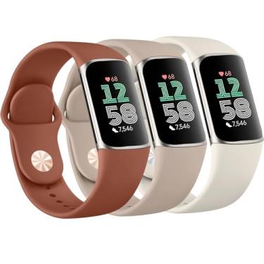 Imagem de Amzpas Pulseiras para Fitbit Charge 6 para mulheres e homens, pacote com 3, pulseira esportiva de silicone macio ajustável à prova d'água para Fitbit Charge 5 (roxo escuro + chá leite + verde oliva)