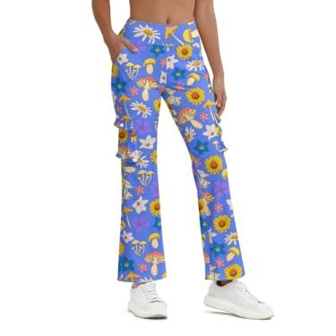 Imagem de Balicaton Calça feminina de ioga elástica com boca de sino elástica casual com bolsos, Cogumelo e flores, P
