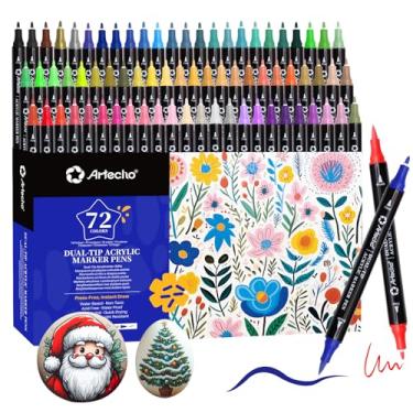 Imagem de Artecho Marcadores de tinta acrílica 72 cores, canetas de tinta acrílica com ponta de pincel e ponta fina para pedra, papel, abóbora, madeira, ovo, tela, cerâmica, tecido, couro, vidro, artesanato DIY