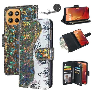 Imagem de Dibosom Capa carteira floral para Motorola G15 com alça de pulso alça de ombro flip zíper bolsa porta-cartão, suporte de couro PU de luxo brilhante brilhante brilhante capa de celular para mulheres