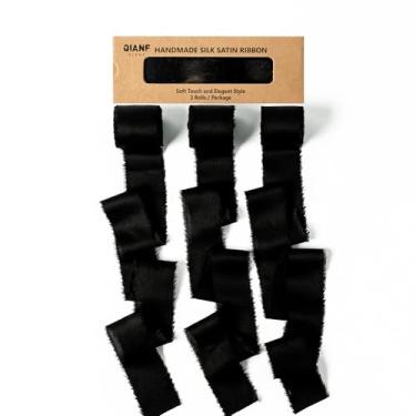 Imagem de QIANF Fita de seda de cetim com franja feita à mão preta 3,8 cm x 20,5 m, fitas de bordas desgastadas para convites de casamento, buquês de flores, embrulho de presentes, decoração de chá de bebê