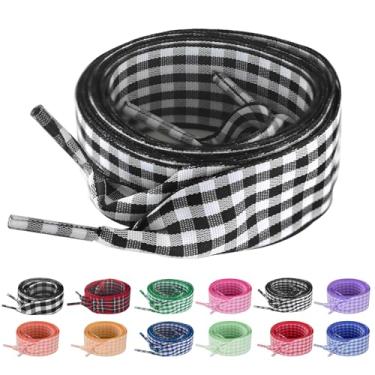 Imagem de UamGlsob Cadarços de sapato de fita de guingão de 25 mm, xadrez xadrez cetim chiques lindos cadarços de substituição para tênis feminino, Preto, 39"/100cm