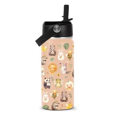 Imagem de ROVOZAR Garrafa de água Zoo Animal – Garrafa de água de aço inoxidável de 473 ml com canudo – Copo isolado de animais fofos para meninas e meninos – Copo infantil para escola, esportes, viagens