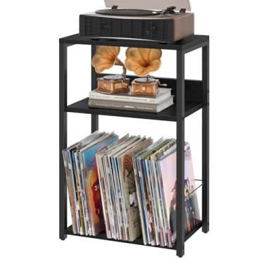 Imagem de LELELINKY Suporte para toca-discos, mesa lateral de 3 camadas com armazenamento de discos de vinil, suporte para discos de vinil de até 120 álbuns, suporte para toca-discos com armazenamento de vinil