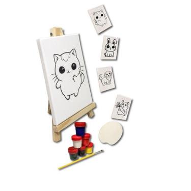 Imagem de Kit cavalete de pintura com 4 Telas para colorir com pincel + 6 guache