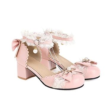 Imagem de Bigfanshu Sandálias femininas de salto alto primavera e verão 2021 produtos moda salto médio tamanho 30-43 fivela arco oco sandália feminina, Rosa, 40 BR