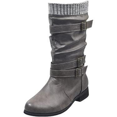 Imagem de Botas femininas de cano longo com fivela e salto baixo, botas de neve quentes de couro PU para uso ao ar livre, Cinza, 5