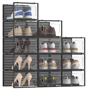 Imagem de Pacote com 12 organizadores grandes de armazenamento de sapatos de plástico transparente e modular, empilhável para armário, economia de espaço, porta-sapatos, porta-sapatos, organizadores e