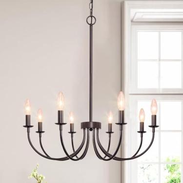 Imagem de Puyveyor Lustre de casa de fazenda de 8 luzes para pendurar na sala de jantar, lustre de vela de bronze polido a óleo, lustres modernos industriais para sala de estar, quarto, hall de entrada, cozinha