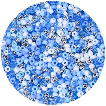 Imagem de 1000 peças de contas de pônei de inverno a granel – 6 x 9 mm branco prata branco azul glitter Kandi contas para pulseiras, fabricação de joias, tranças de cabelo, artesanato de férias e decorações de