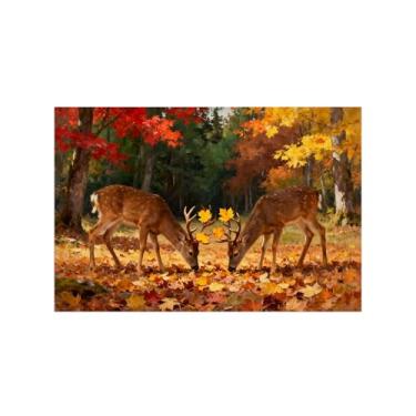 Imagem de Quadro parede outono-Dois veados floresta Impressões em tela paisagens-Pintura animais para sala estar decoração fazenda 20x30cm Sem Moldura