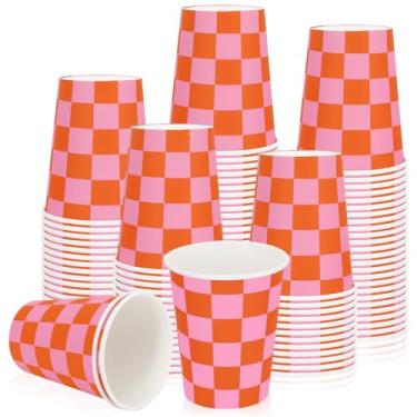 Imagem de Whaline 50 peças de copos de papel xadrez laranja rosa 255 g xícaras de café descartáveis para festas de fim de ano