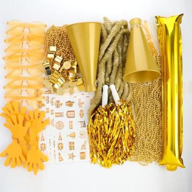 Imagem de Soulchen 360 peças de acessórios de espírito de equipe escolar dourado sortido dia do time palitos de trovão apitos de mão apitos megafone pompons de torcida óculos adesivo para eventos esportivos