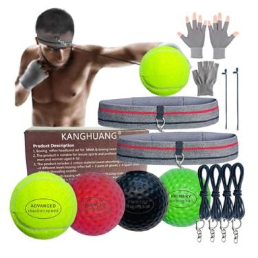 Imagem de KANGHUANG Conjunto de faixa de cabeça de bolas refletivas de boxe para treinamento de reação de boxe de MMA, 4 bolas de diferentes níveis + 2 faixas de absorção de suor + 4 linhas sobressalentes + 2