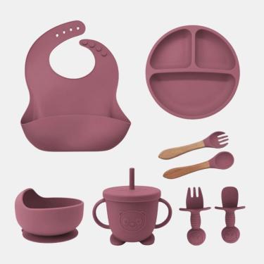 Imagem de Kit Refeição 8 peças Alimentação do Bebê SiliconeTalheres com Ventosa Canudo Babador Cata migalha