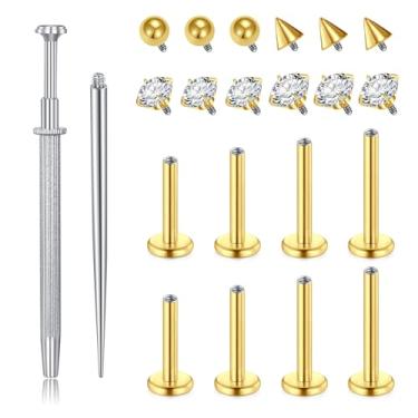 Imagem de VCMART Brincos femininos com costas planas de 16G - Piercing hipoalergênico de aço cirúrgico para cartilagem de tragus helix cartilagem concha nariz lábio labret piercing prata ouro, Metal, aço