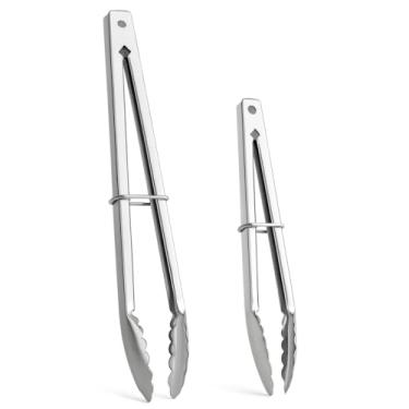 Imagem de Pegador de saladas Inox polido – multiuso para Churrasco, Salada e Fritura | garrador de macarrão,Utensílio de cozinha Resistente e Durável. kit 2 peças 26cm e18cm