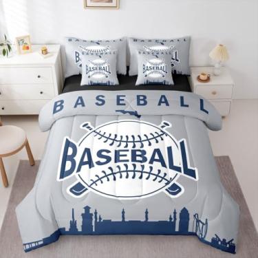 Imagem de Jogo de cama solteiro com edredom de beisebol com estampa de cidade americana, 7 peças, cinza, azul marinho (Tampa Bay)