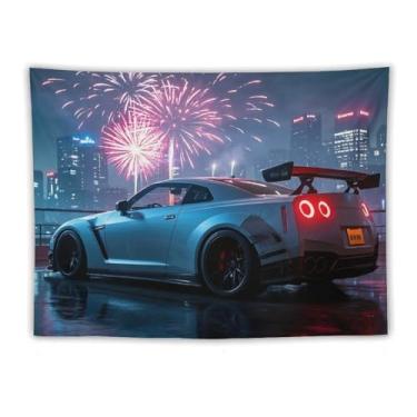 Imagem de HouLaiZhe JDM Tapeçaria de carro modificada Jdm carro R35 sob fogos de artifício pendurar na parede quarto decoração de casa tapeçarias estética piquenique decoração de parede arte de parede para