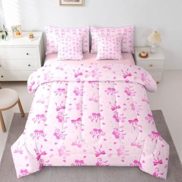 Imagem de Erosebridal Jogo de cama queen com laço rosa fofo com laço de princesa rosa, 7 peças, para meninas e crianças, lençol de cima com elástico e gravata borboleta kawaii