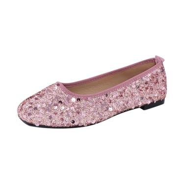 Imagem de Tênis feminino fashion casual primavera e verão estilo confortável cor sólida lantejoulas bico redondo bico fechado boca rasa sapatos rasos, rosa, 35