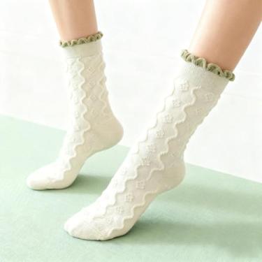 Imagem de 1 par de meias femininas de algodão puro e floral na panturrilha, finas, com babados, meias atléticas, respiráveis e confortáveis., Verde, 21