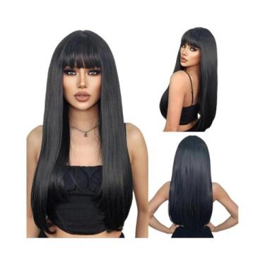 Imagem de Peruca Sintética Preta De 26 Polegadas Com Franja Longa E Lisa, Peruca