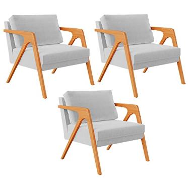 Imagem de Kit 03 Poltronas Decorativa Para Sala Estar Pietra Estrutura De Madeira L02 Linho Cinza - Lyam Decor
