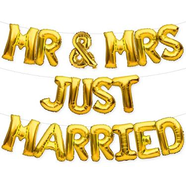 Imagem de PartyForever Faixa dourada de balão MR & MRS JUST MARRIED decorações de festa de noiva e noivo para chá de panela e festa de casamento
