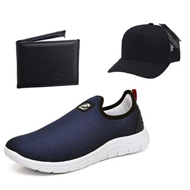 Imagem de Tênis Caminhada e Academia Masculino Com Boné e Carteira Cor:Azul;Tamanho:43;Genero:Masculino
