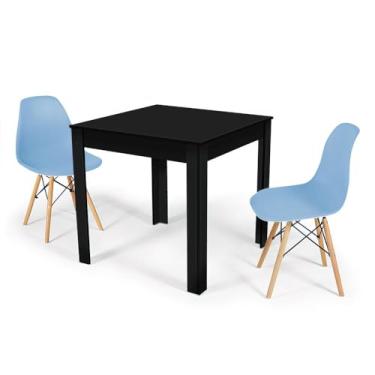 Imagem de Conjunto Mesa de Jantar Quadrada Sofia Preta 80x80cm com 2 Cadeiras Eames Eiffel - Azul Claro