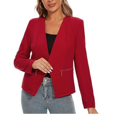 Imagem de MINTLIMIT Blazer feminino, frente aberta, casual, trabalho, escritório, cropped, blazer para mulheres, cardigã com bolso com zíper, Vermelho, G