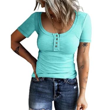 Imagem de KINLONSAIR Camisetas femininas de manga curta com botões e gola canoa canelada Henley camisetas casuais de verão lisas, A1 - azul bebê, XXG