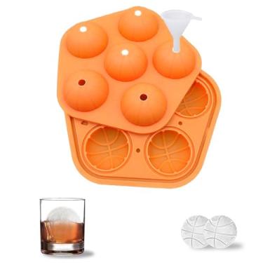 Imagem de FUYTERY Bandeja durável do cubo de gelo do molde de basquete do silicone com 6 furos com tampa do funil para o uísque congelador, cocktails, bourbon (Laranja)