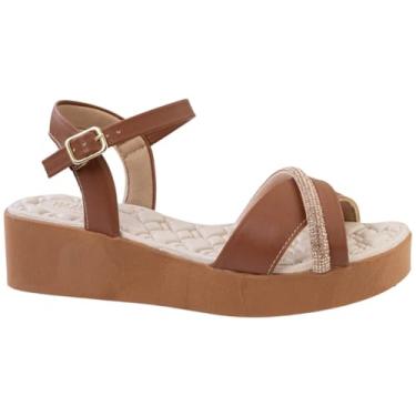 Imagem de Sandália Anabela Feminina Papete Ortopédica Strass Confortável Versátil Estilosa Via Angel 8502 (Caramelo, BR, Adulto, Numérico, 39)