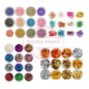 Imagem de Kit Glitter Pedra Madre Folhas Ouro Flores Secas Atacado Unh - OEM, so