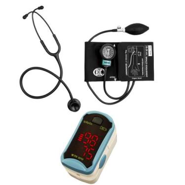 Imagem de kit com estetoscópio  esfigmomanômetro e Oxímetro Bic PRETO
