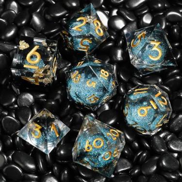 Imagem de MGDIEO Liquid Core DND Dice Set, 7 Piece Handmade Polyhedral Dice Set, Dungeons and Dragons Resin Sharp Edge Dice with Gift Box, DND RPG MTG Role Playing Game Dice Set Dark Blue