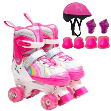 Imagem de Patins Infantil 4 Rodas ARCO IRIS Com Led Com Kit Proteção Menina Meni