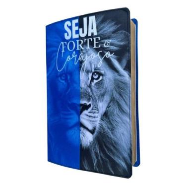 Imagem de Biblia Leão Azul seja forte e corajoso com borda Dourada ARC com Harpa