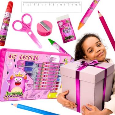 Imagem de Kit escolar volta as aulas menino infantil papelaria material fofa maleta estojo fofa 94 peças azul lapis de colorir canetinhas regua borracha apontador pincel criança 5 anos (Rosa)