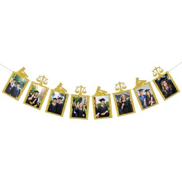 Imagem de Banner para fotos de formatura de advogado com moldura de balanço de martelo, faixa de imagem para faculdade de direito suprimentos de decoração de festa de formatura dourado com glitter