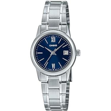 Imagem de Casio LTP-V002D-2B3 Relógio feminino padrão de aço inoxidável com mostrador azul, Movimento de quartzo
